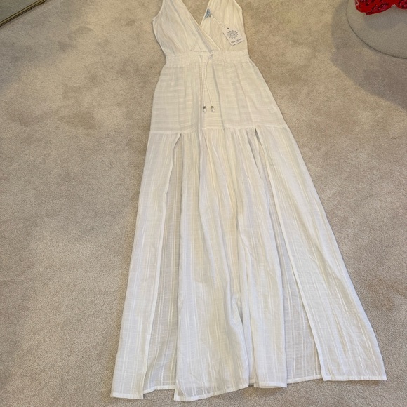 NWT Blue Island White Linen Sheer V Neck Scrunch Waist Maxi Dress Size XS - Picture 2 of 10